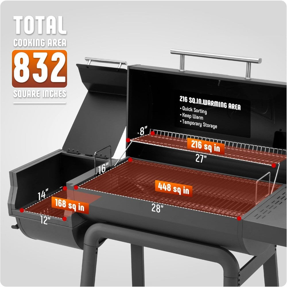 Outdoor Charcoal Grill with Cover and Offset Smoker, 832 Sq. In. Heavy-Duty BBQ Grill with Side Table for Backyard Cooking