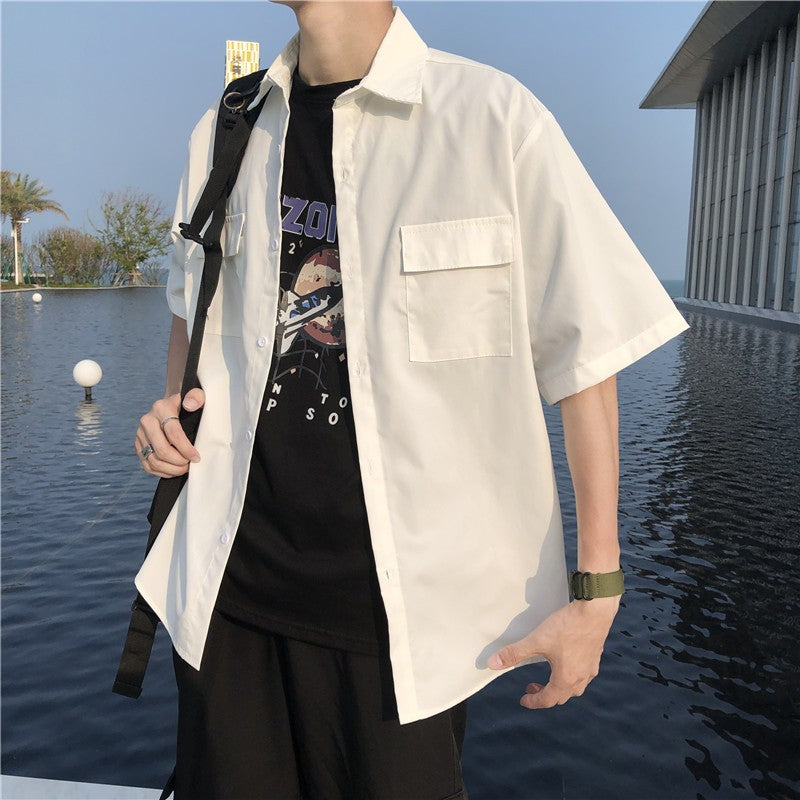 Summer Basic Shirts for Men 2025 New Half Sleeve Cargo Shirts Loose Casual Lapel Cardigan Tops Male Shirt Coats Retro Streetwear