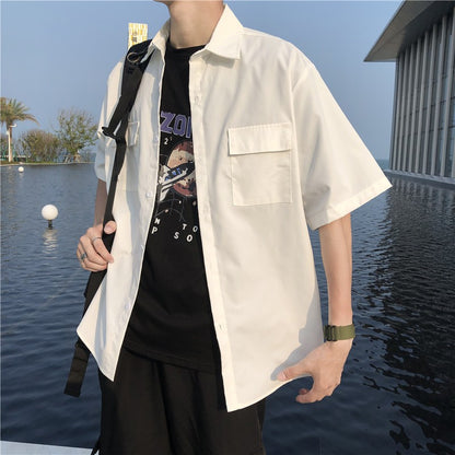 Summer Basic Shirts for Men 2025 New Half Sleeve Cargo Shirts Loose Casual Lapel Cardigan Tops Male Shirt Coats Retro Streetwear