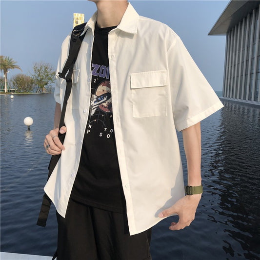 Summer Basic Shirts for Men 2025 New Half Sleeve Cargo Shirts Loose Casual Lapel Cardigan Tops Male Shirt Coats Retro Streetwear