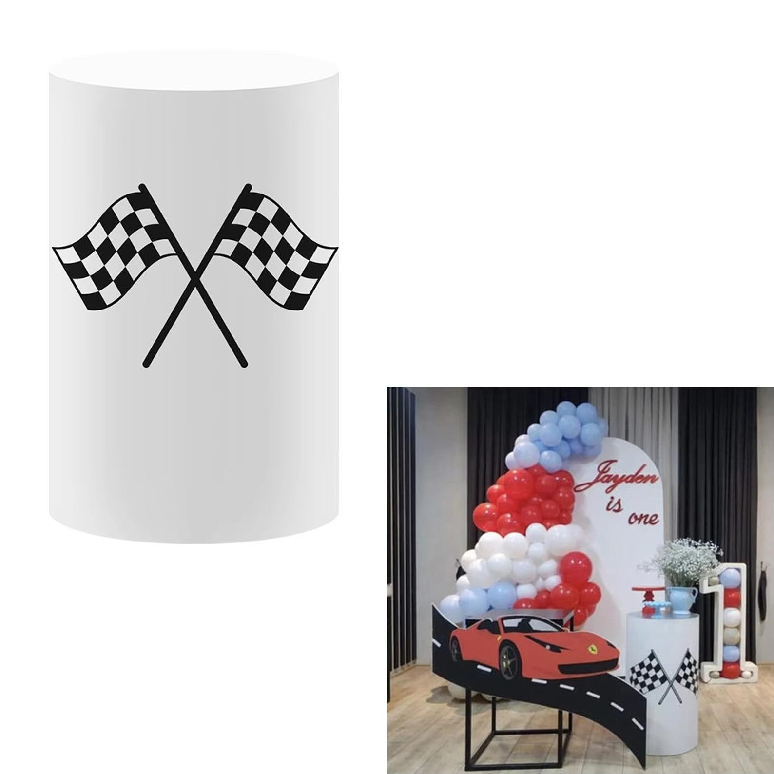 Race Car Theme Cylinder Covers Decor Elastic Racing Party Backdrop Pedestal Cover Baby Shower Birthday Custom Name Desserts