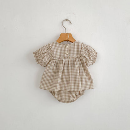 Girls Summer Fashion Set Children's Embroidered Grid Puff Sleeve Top+Shorts Two Piece Cute Baby Girls Clothes Set Baby Clothes