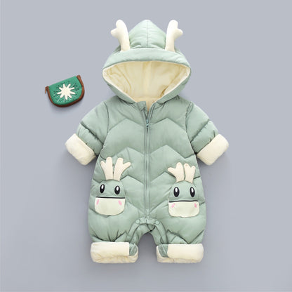 Demin-season Winter Kids Boys Rompers 2025 Cartoon Pockets Hooded Bodysuit For 0-3Y Newborn Infant Babys Boys One-piece Jumpsuit