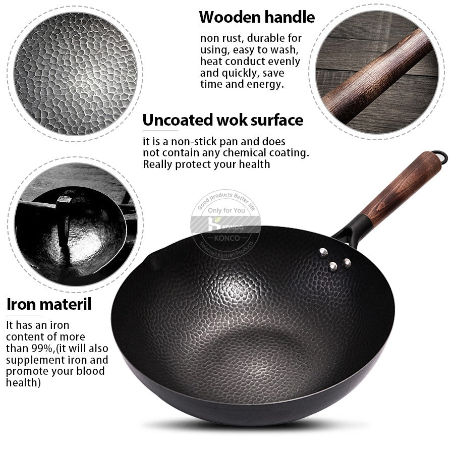 Panela Wok de Ferro Puro Konco, Panela de Ferro Fundido Antiaderente, Uso Geral para Fogão a Gás e Indução 32cm