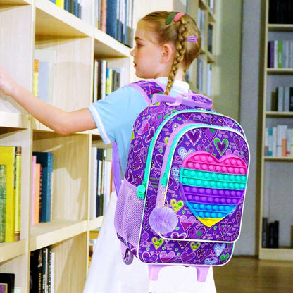 Mochila de Rodinha 3 Peças para Meninas, Mochila com Rodas para Crianças, Mochila Escolar com Rodinhas e Lancheira - Coração Roxo