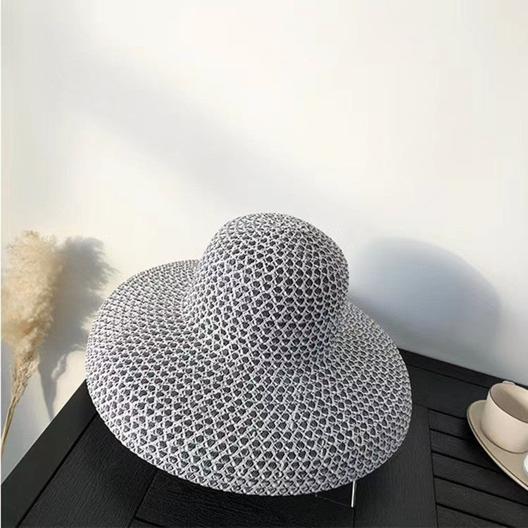 Chapéu de sol de palha de aba larga, chapéu de sol de malha de abajur de seda brilhante de verão, chapéu coco estilo Hepburn francês, chapéu de sol para praia ao ar livre