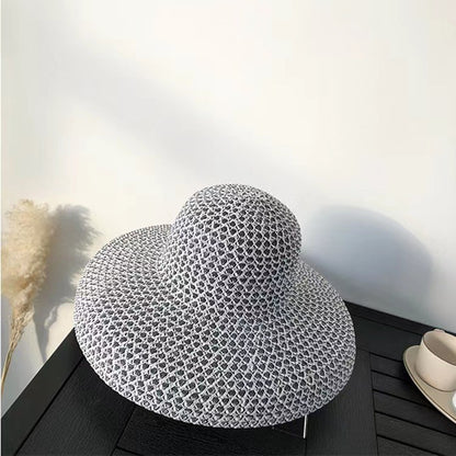 Chapéu de sol de palha de aba larga, chapéu de sol de malha de abajur de seda brilhante de verão, chapéu coco estilo Hepburn francês, chapéu de sol para praia ao ar livre