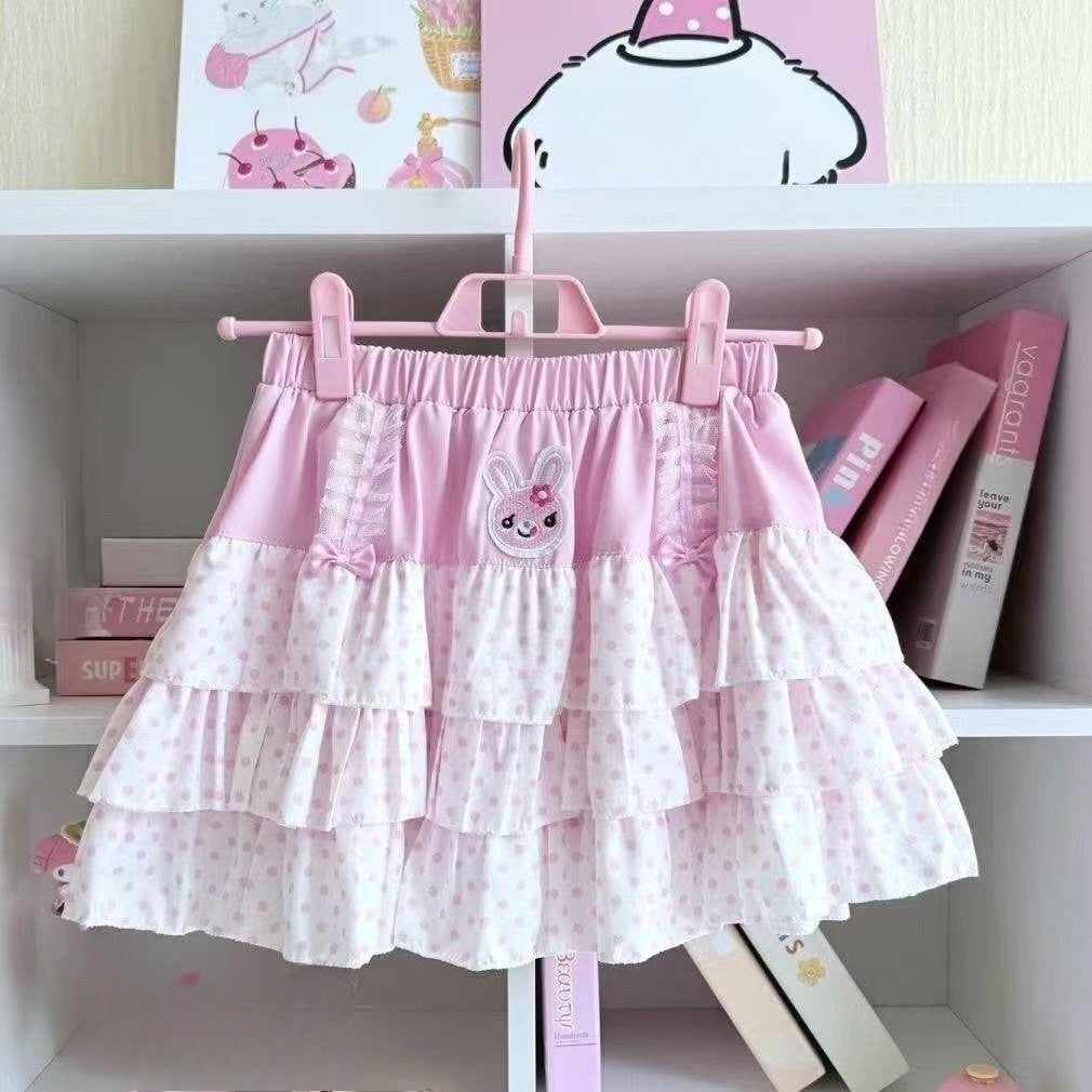 Lolita Print Tops Bow Cake Blouse Y2K JK Lolita Japan Kawaii Girl Cute Sweet Lace T-shirt A-line Spliced Cake Skirt New Chic