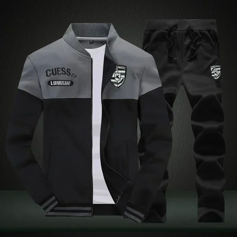 Winter Men's Sports Suit with Fleece and Warm Standing Collar Jacket+men's Drawstring Sports Pants Fashionable Printed Men's Set