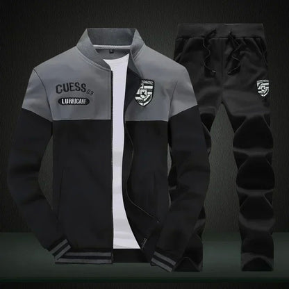 Winter Men's Sports Suit with Fleece and Warm Standing Collar Jacket+men's Drawstring Sports Pants Fashionable Printed Men's Set