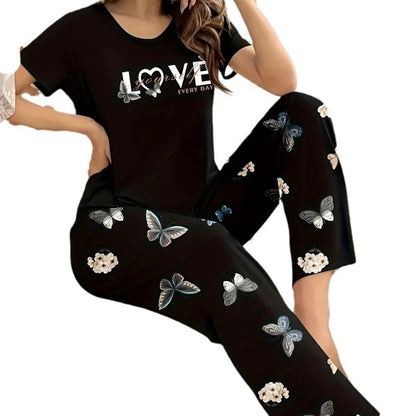 Stylish Simple Women's Summer Breathable Comfort Pajamas Women's Digital Alphabet Butterfly Print Short Sleeve Set  Sleepwear