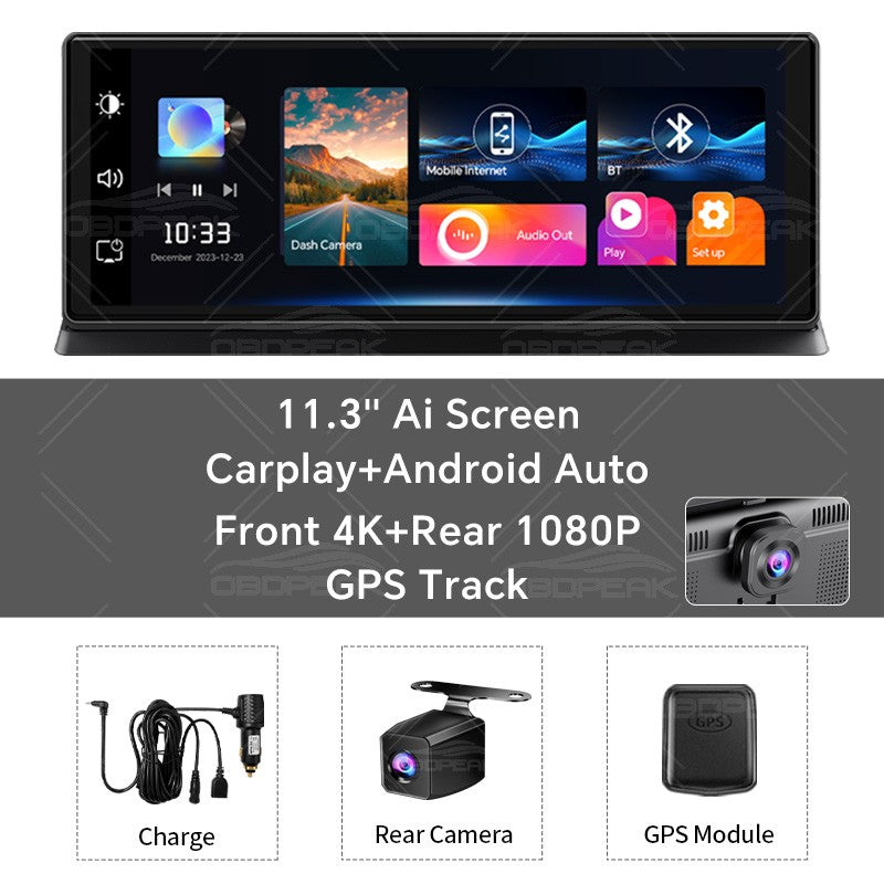 K2 Pro 11.3" DVR Automotivo 4K Câmera Sem Fio Carplay Android Auto Tela AI Câmera de Painel Gravador de Vídeo de Lente Dupla GPS de Navegação de Painel