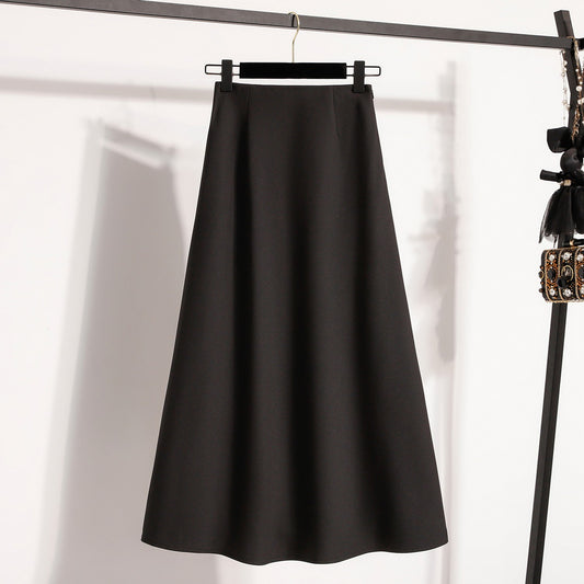 A-Line Mini Skirt High Waist Mid Length Skirts Women's Slimming Black Autumn Elastic Waist Design Solid Color Versatile Skirt