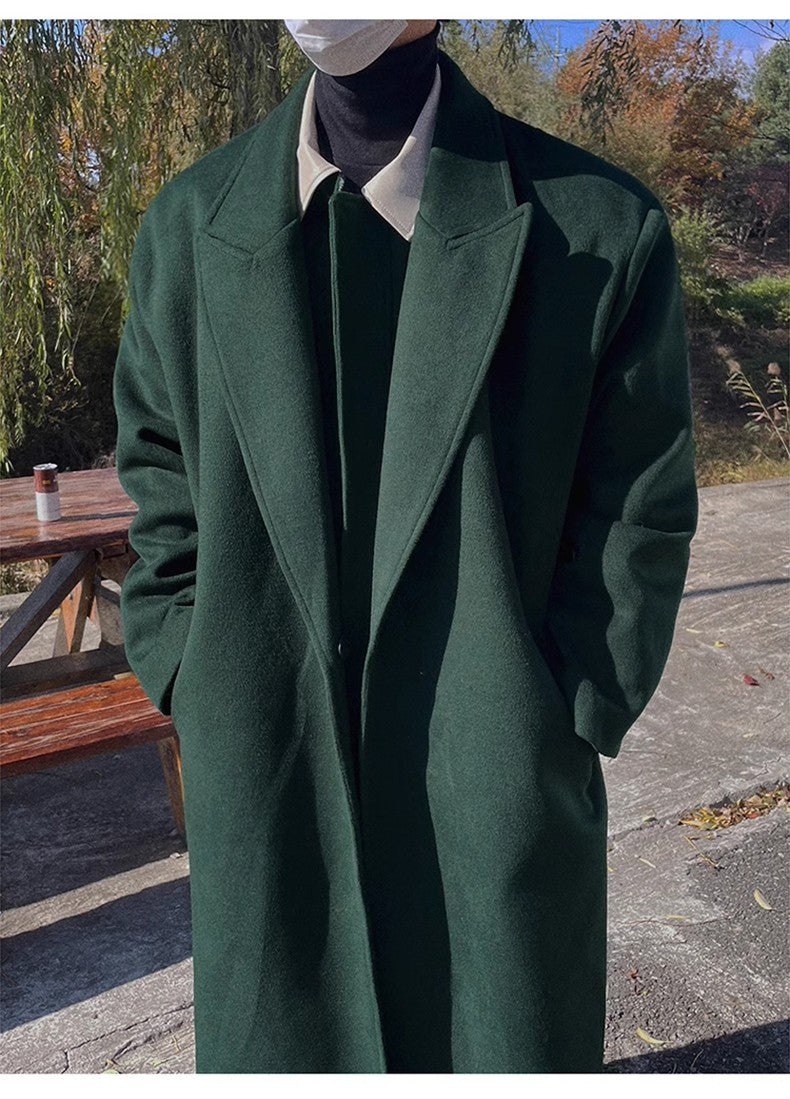 Mauroicardi Autumn Winter Long Warm Oversized Soft Dark Green Black Woolen Coat Men Loose Casual Korean Wool Blends Overcoat