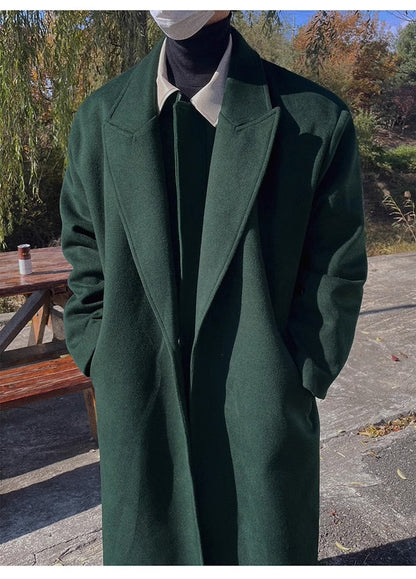 Mauroicardi Autumn Winter Long Warm Oversized Soft Dark Green Black Woolen Coat Men Loose Casual Korean Wool Blends Overcoat