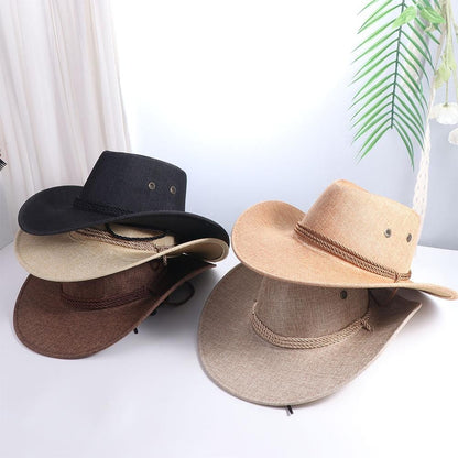 Cool Linen Western Cowboy Hat Wide Brim Beach Cap Summer Sun Hat Climbing Hat Outdoor Visor Cap Beach Sunscreen Cap Holiday