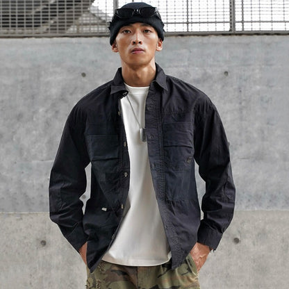 Vintage Patchwork Design Men Autumn Tactical Function Cargo Shirts Y2K High Street Techwear Style Long Sleeve Tops camisetas