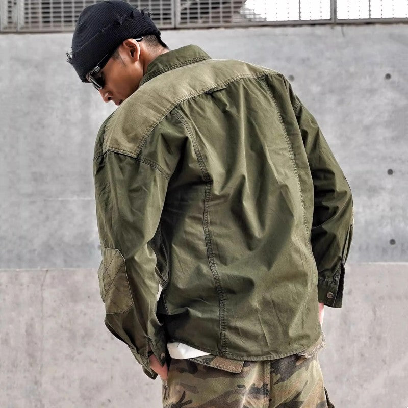 Vintage Patchwork Design Men Autumn Tactical Function Cargo Shirts Y2K High Street Techwear Style Long Sleeve Tops camisetas