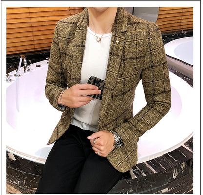 2025 New Men's Casual Plaid Suit Jacket Male Linen Plaid Business Self-cultivation Wedding Dress Party Suit Coat Plus Size S-5XL