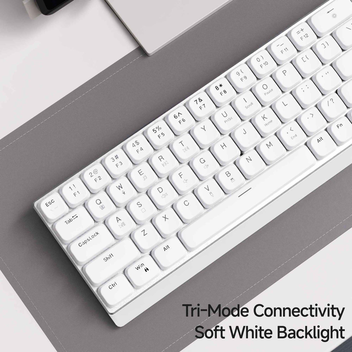 Teclado Gamer Sem Fio Ergonômico EWEADN Tri-Modo, BT/2.4G/Com Fio, Switch de Perfil Baixo, Tela, Silencioso, Botão Giratório, para PC/Laptop