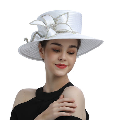 Deluxe New White Church Hat Party Banquet Satin Cloth Photography Hats Premium Chains Formal Hat Flower Top Cap For Women Ladies