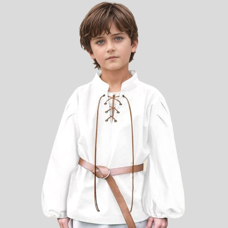 Boys Medieval Pirate Shirt Kids Renaissance Lace up Halloween Scottish Jacobite Ghillie Costume Tops Viking Colonial Costume Top