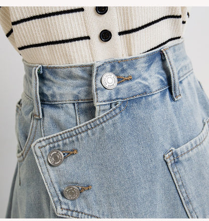 Plus Size Denim A Line Skirt With Lining 2024 Summer New Korean Fashion Pleated Midi Jean Skirt Woman Blue Color Jeans Skirts