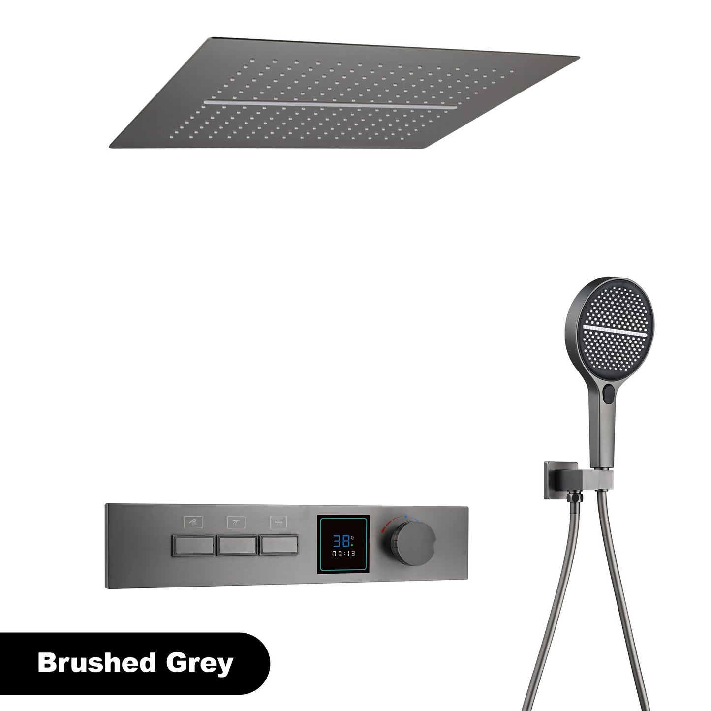 Sistema de chuveiro de latão Gunmetal luxuoso para banheiro com display de temperatura LED embutido no teto, 2 funções (chuva/cascata)