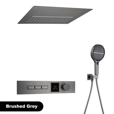 Luxury Bathroom Gunmetal Brass LED Temp Display Shower Sysetem Ceiling- Embedded 2 function Rainfall/waterfall Bath Fixtures