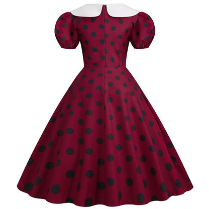 Elegant Women Summer Dress Puff Short Sleeve Polka Dot Peter pan Collar Vintage A-line Midi Long Party Sundress