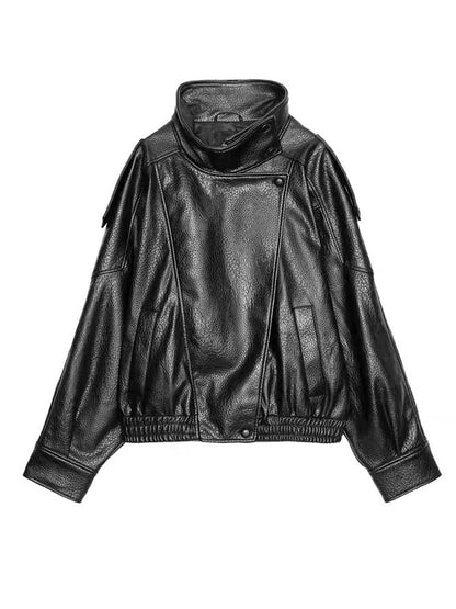 Vintage Women's Black Leather Jacket Long Sleeve Stand Collar Motorcycle Thick Coat Female 2025 Autumn Winter Lady Streetwear
