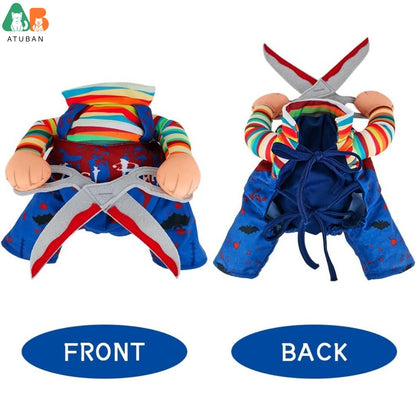 Traje de Cachorro de Boneca Estilo Tesoura de Halloween para Gatos, Filhotes e Cães de Porte Médio, Roupa Ajustável Engraçada Especial para Cosplay de Animais de Estimação