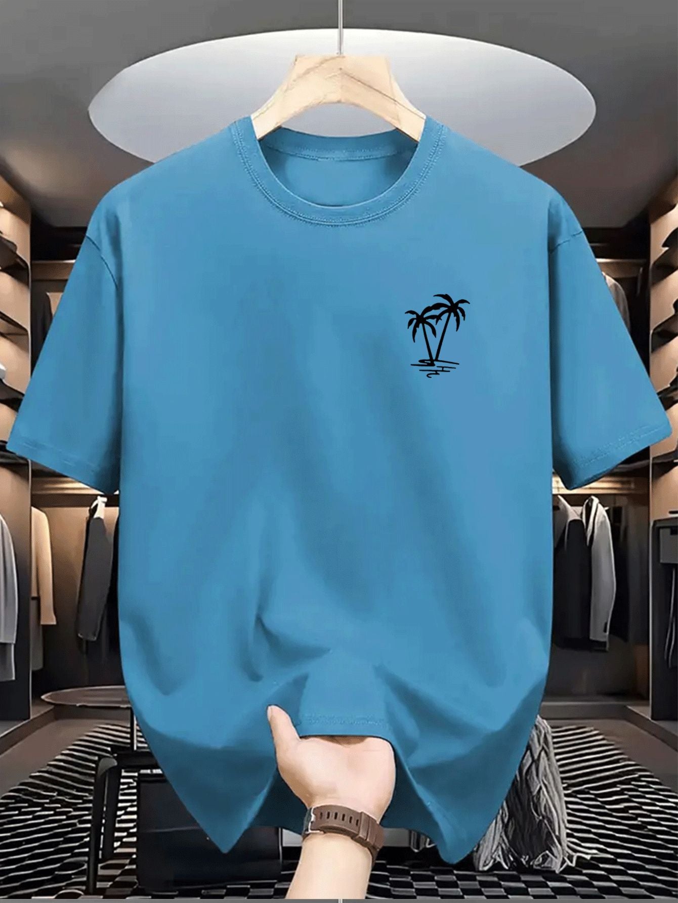 Men's summer 100% cotton fashionable casual loose coconut tree pattern printed sports round neck short sleeved T-shirt top