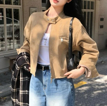 Retro American Coffee Brown Copper Zipper Button Short Jacket 2025 Autumn Trendy PU Leather Jacket Versatile for Dynamic Women