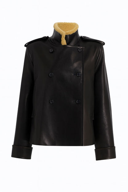 The 2026 new women's leather jacket with a long black collar and lambskin design is of high quality