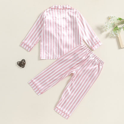 Kid Girls Boys Fall Pajamas Set Stripe Print Long Sleeve Shirts Tops Long Pants Satin 2 Pieces Lounge Suit Sleepwear