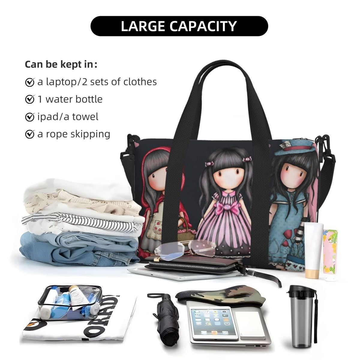 Custom Santoro Gorjuss Beach Travel Bag Large Capacity Tote Bags for Gym Yoga Women Shopping Duffle Shoulder Bag