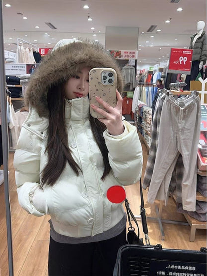 South District Fiona Women's Winter Jacket Navy Blue Cotton Short down Coat with Detachable Hood And Fur Collar