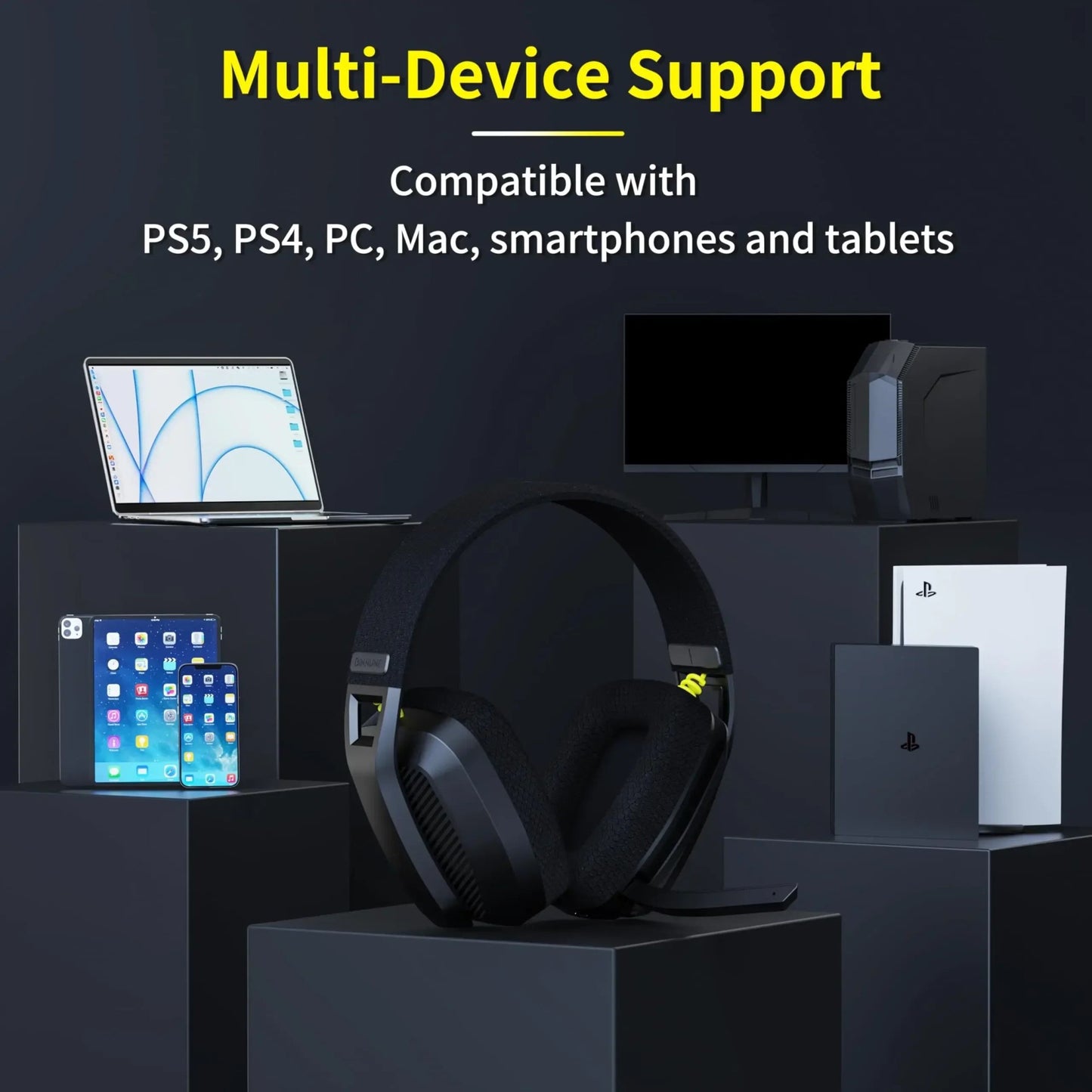 BINNUNE BW06 2.4GHz Bluetooth Gaming Headset with Mic for PS5 PS4 PC Mac Playstation Wireless Gaming headphone with Microphone