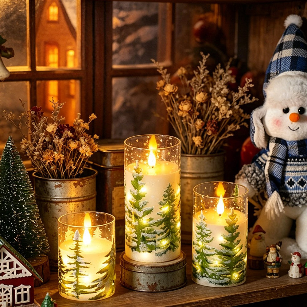 3in Glass Paraffin Built In String Light Print LED Flameless Candle 2AA Battery Remote Control Christmas Candle Decor Lighting