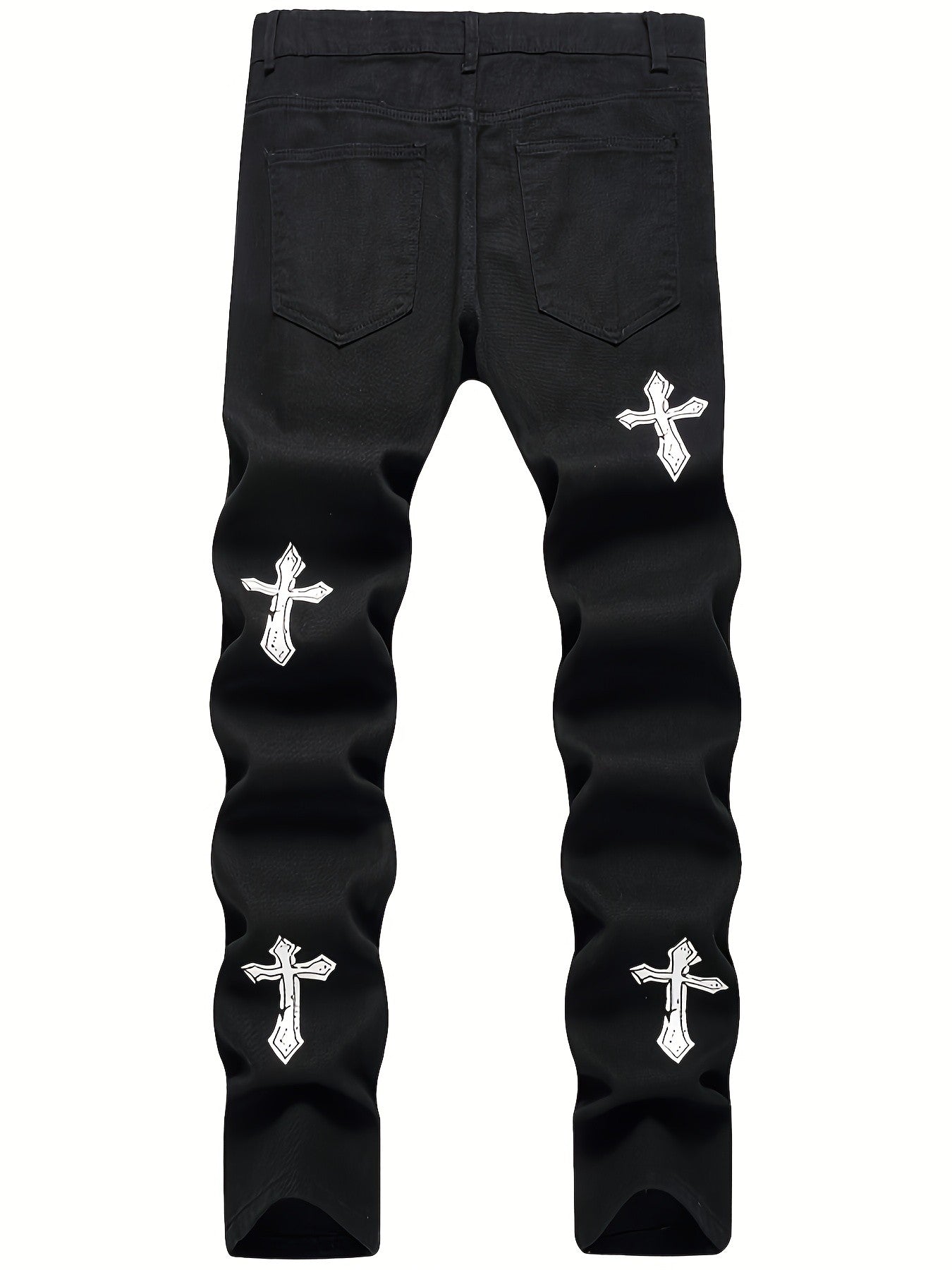 High street black youth cross print elastic hole patch tight jeans for men