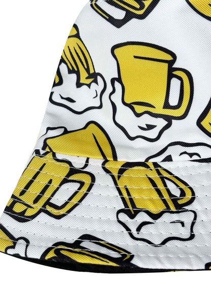 Beer Cheers Party Bucket Hat, Reversible Wear Foldable Lightweight Design,Cartoon Pattern Basin Hat,Unisex Casual Sun Hat for Beach and Festival Party Use