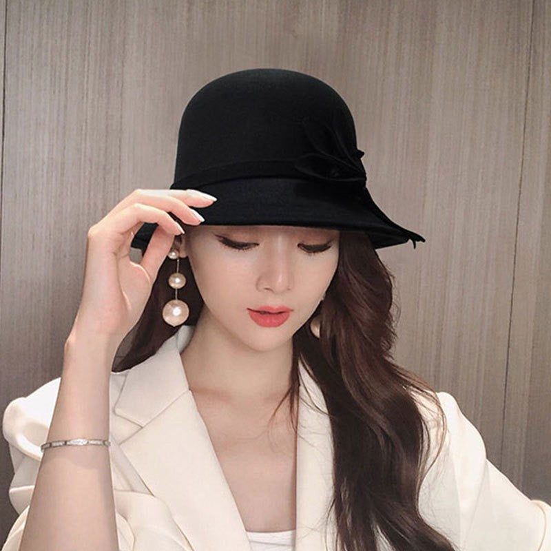 2022 Outono Inverno Fedoras Chapéu Feminino Elegante Vintage Laço Lã Chapéu Feminino Cúpula Feltro Casamento Igreja Boné Jazz Feminino Laço Cartola