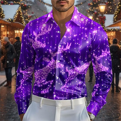 Fashionable 3D printed Christmas deer design style men's long sleeved shirt slim fit lapel button casual party plus men's shirt