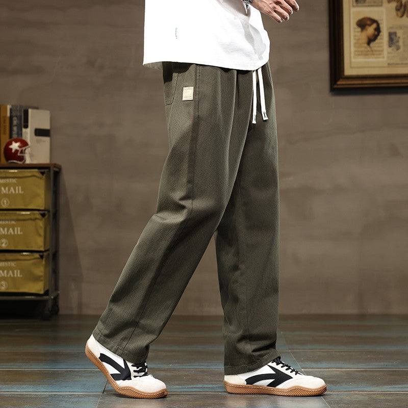 100% Cotton Men's Loose Wide Leg Pants Elastic Waist Fashion ArmyGreen Khaki Korean Streetwear Autumn Straight Trousers