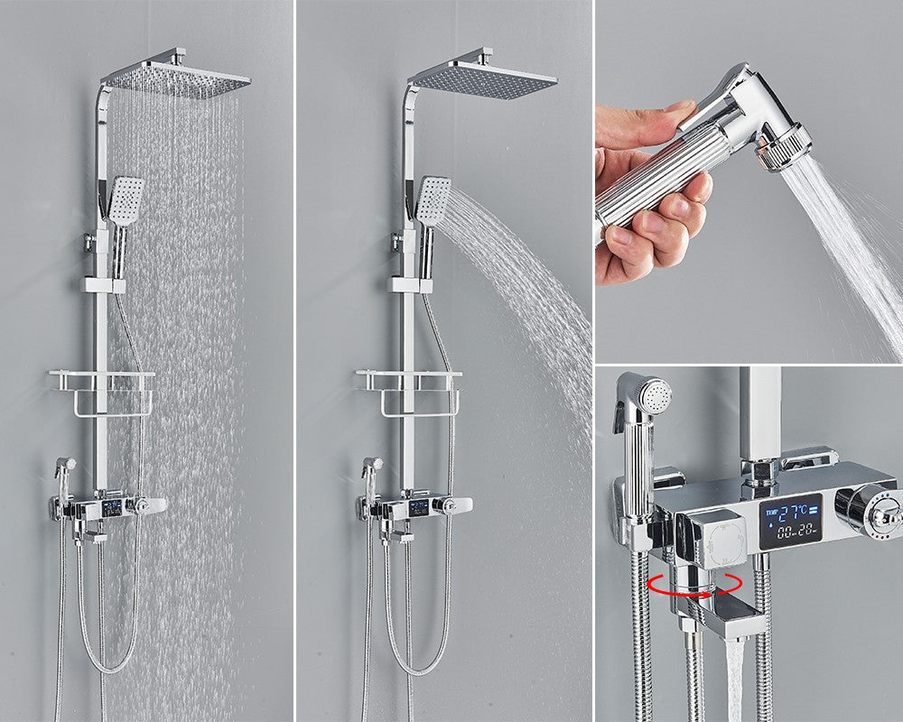 Black Digital Display Thermostatic Shower Faucet Bathroom Thermostatic 4 ways Rainfall Shower Mixer Tap,Shelf and Bidet Faucets