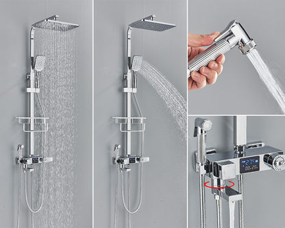 Black Digital Display Thermostatic Shower Faucet Bathroom Thermostatic 4 ways Rainfall Shower Mixer Tap,Shelf and Bidet Faucets