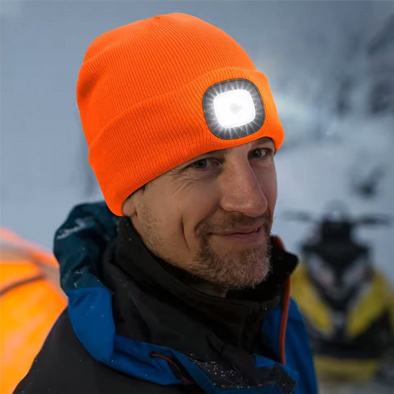 Chapéu de Malha com Luz LED Quente Elástico Gorro Outono Inverno Esportes ao Ar Livre Pesca Noturna Caminhada Camping Boné Luminoso Unissex com Farol