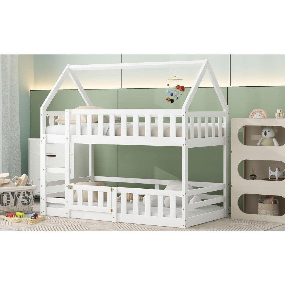 Estrutura de beliche dupla para crianças, meninos, meninas, adultos com cerca e porta, branco