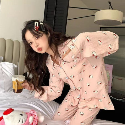 Casual Comfortable Pajama Set Autumn Winter Ins Style Kawaii Pajama Cute Girl Hello Kitty Long Sleeve Top and Pant Home Clothing